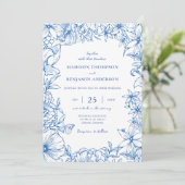Simple Elegant Royal Blue Floral Garden Wedding Kaart (Staand voorkant)
