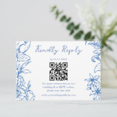 Simple Elegant Royal Blue Floral QR Code Wedding RSVP Kaartje (Staand voorkant)