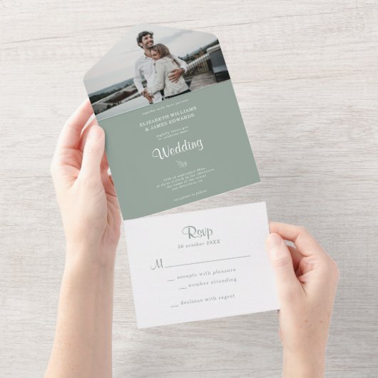 Simple Elegant Rustic Sage Green Photo Wedding All In One Uitnodiging (Afscheurbaar)