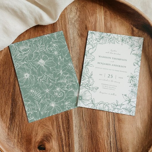 Simple Elegant Sage Green Floral Garden Wedding Kaart