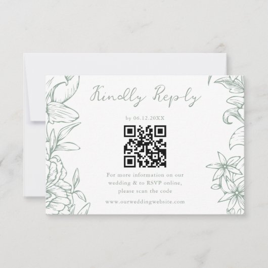 Simple Elegant Sage Green Floral QR Code Wedding RSVP Kaartje (Voorkant)