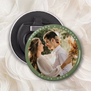 Simple Elegant Sage Green Photo Wedding Favor Button Flesopener