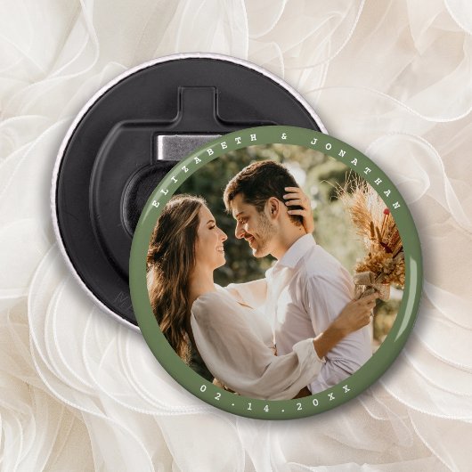 Simple Elegant Sage Green Photo Wedding Favor Button Flesopener
