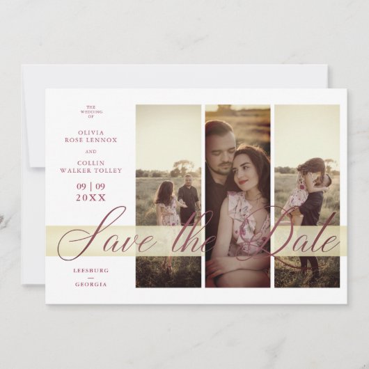 Simple Elegant Script 3 Photos Couple in Love Save The Date (Voorkant)