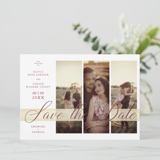 Simple Elegant Script 3 Photos Couple in Love Save The Date (Staand voorkant)