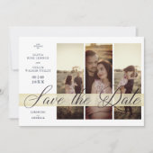 Simple Elegant Script 3 Photos Couple in Navy Save The Date (Voorkant)