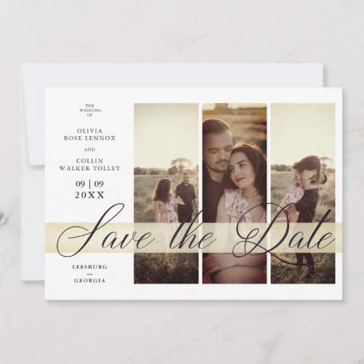 Simple Elegant Script 3 Photos Couple in Navy Save The Date (Voorkant)