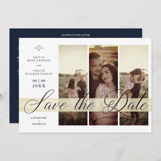 Simple Elegant Script 3 Photos Couple in Navy Save The Date (Voorkant / Achterkant)