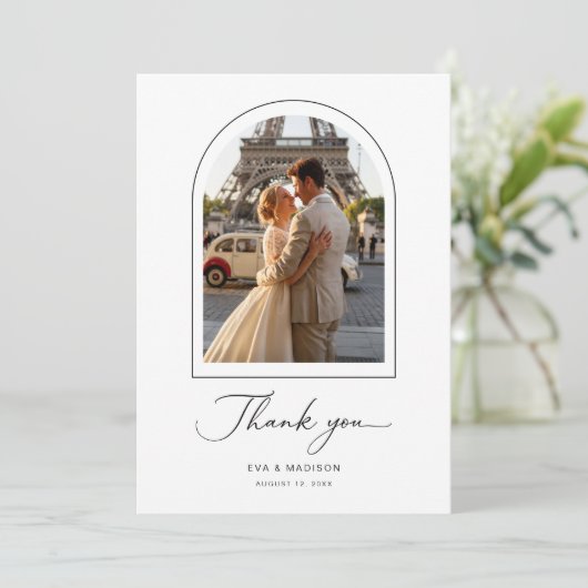 Simple Elegant Script Destination Wedding Photo Bedankkaart (Staand voorkant)