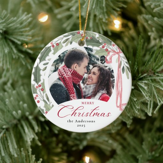 Simple Elegant Script Family Photo Merry Christmas Keramisch Ornament (Boom)