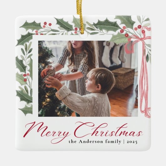 Simple Elegant Script Family Photo Merry Christmas Keramisch Ornament (Voorkant)