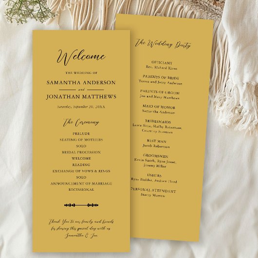 Simple Elegant Script Gold Wedding Ceremony Programmakaart