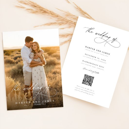 Simple Elegant Script QR Code Photo Budget Wedding Kaart