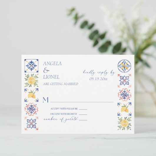 Simple Elegant Tiles Amalfi Coast Italy Wedding RSVP Kaartje (Staand voorkant)