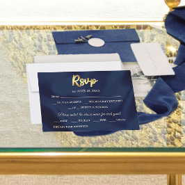 Simple Elegant Trendy Navy Blue & Gold Wedding  RSVP Kaartje