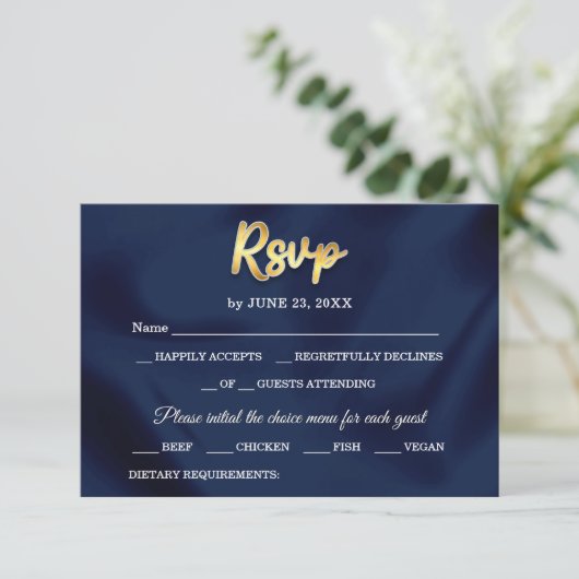 Simple Elegant Trendy Navy Blue & Gold Wedding  RSVP Kaartje (Staand voorkant)