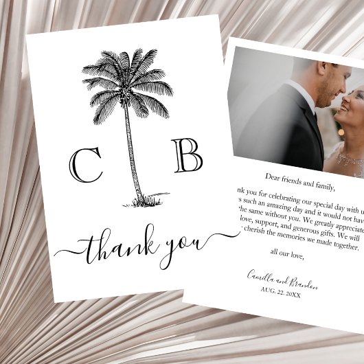 Simple Elegant Tropical Monograms Photo Wedding Bedankkaart