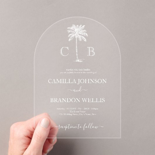 Simple Elegant Tropical Palm Monograms Wedding Acryl Uitnodigingen (Insitu (Draagbaar))