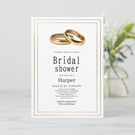 Simple elegant white and gold rings Bridal Shower Kaart (Staand voorkant)