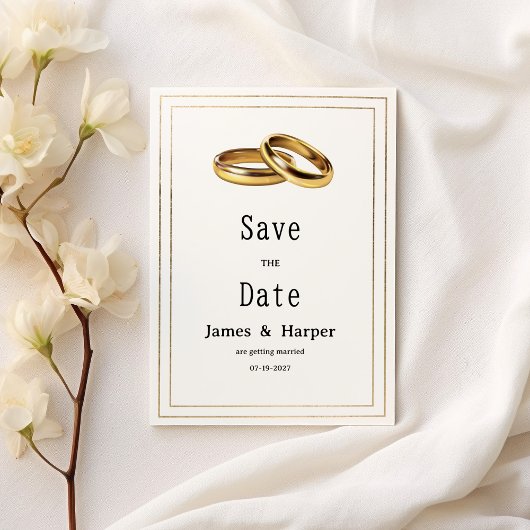 Simple elegant white and gold rings Save the Date Kaart