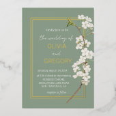 Simple Elegant White Cherry Blossom & Gold Frame Folie Uitnodiging (Voorkant)