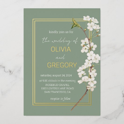 Simple Elegant White Cherry Blossom & Gold Frame Folie Uitnodiging (Voorkant)