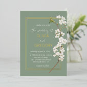 Simple Elegant White Cherry Blossom & Gold Frame Folie Uitnodiging (Staand Voorkant)