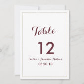 Simple elegant white gold burgundy Table Numbers Kaart (Voorkant)