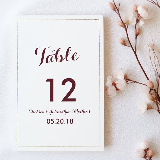 Simple elegant white gold burgundy Table Numbers Kaart
