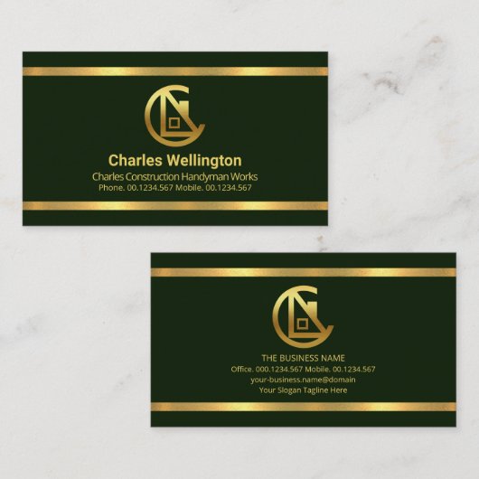 Simple Emerald Green Gold Borders Contractant Visitekaartje (Voorkant / Achterkant)