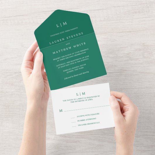 Simple Emerald Green Monogram Elegant Wedding All In One Uitnodiging (Afscheurbaar)