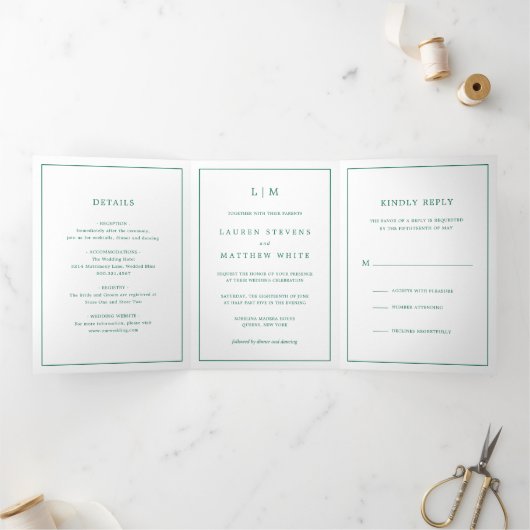 Simple Emerald Green Monogram Elegant Wedding Drieluik Uitnodiging (Binnen)