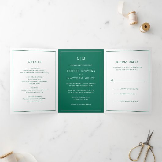 Simple Emerald Green Monogram Elegant Wedding Drieluik Uitnodiging (Binnen)