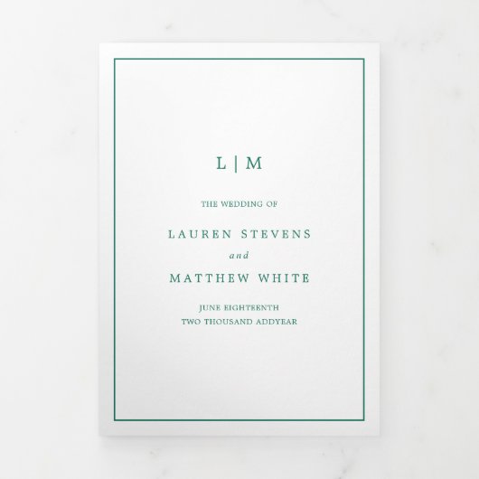 Simple Emerald Green Monogram Elegant Wedding Drieluik Uitnodiging (Cover)