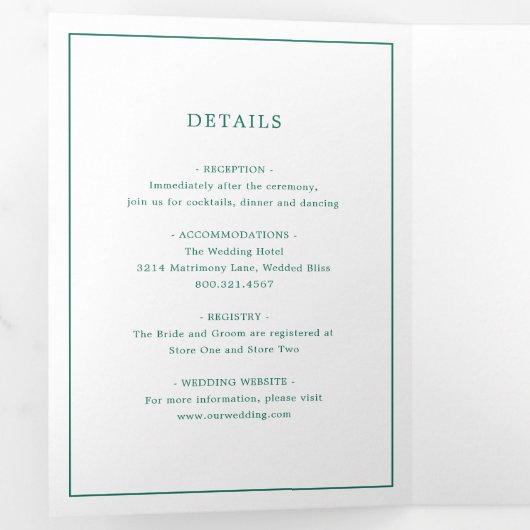 Simple Emerald Green Monogram Elegant Wedding Drieluik Uitnodiging (Binnenzijde eerst)