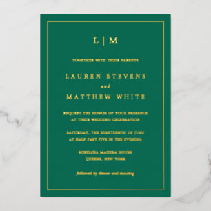 Simple Emerald Green Monogram Elegant Wedding Folie Uitnodiging