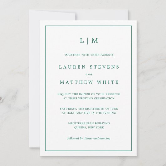 Simple Emerald Green Monogram Elegant Wedding Kaart (Voorkant)