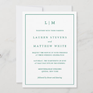 Simple Emerald Green Monogram Elegant Wedding Kaart