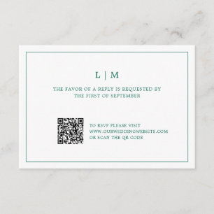 Simple Emerald Green Monogram Elegant Wedding RSVP Kaartje