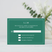 Simple Emerald Green Monogram Elegant Wedding RSVP Kaartje (Staand voorkant)