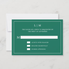 Simple Emerald Green Monogram Elegant Wedding RSVP Kaartje