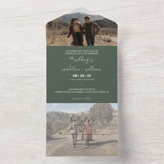 Simple Emerald Green Trendy Photo Wedding All In One Uitnodiging (Binnen)