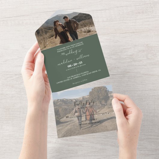 Simple Emerald Green Trendy Photo Wedding All In One Uitnodiging (Afscheurbaar)