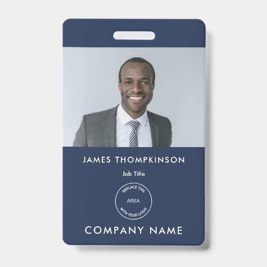 Simple Employee Photo ID Name Logo Navy Blue Badge (Voorzijde)