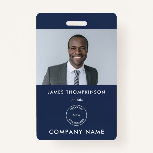 Simple Employee Photo ID Name Logo Navy Blue Badge (Voorkant)