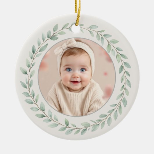 Simple Eucalyptus Baby First Christmas Photo Keramisch Ornament (Voorkant)