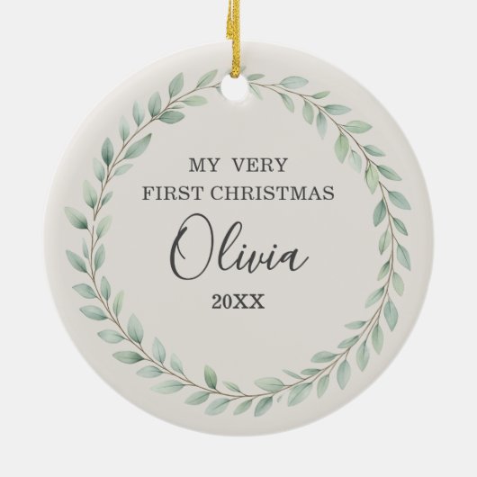 Simple Eucalyptus Baby First Christmas Photo Keramisch Ornament (Achterkant)