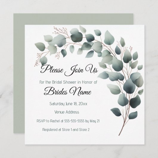 Simple Eucalyptus Bridal Shower Invitation Kaart (Voorkant / Achterkant)