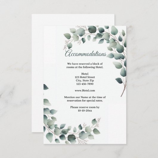 Simple Eucalyptus Wedding Accommodation  Informatiekaartje (Voorkant / Achterkant)
