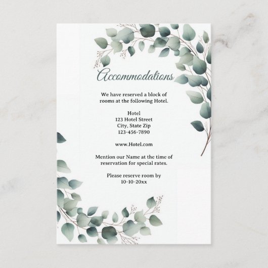 Simple Eucalyptus Wedding Accommodation  Informatiekaartje (Voorkant)